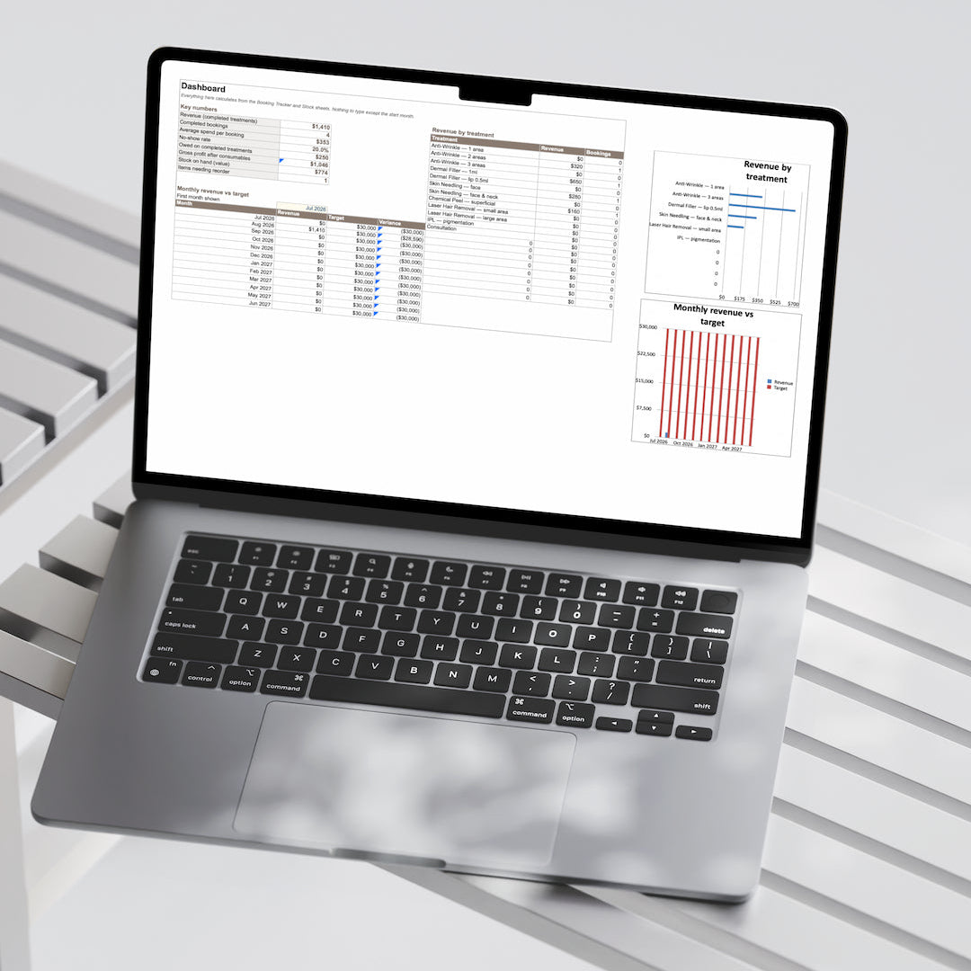 Clinic Business Toolkit — Booking Tracker, Stock Control & Revenue Dashboard for Aesthetic Clinics